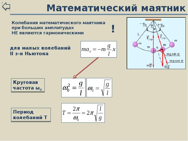 Максимальное отклонение при колебании. Амплитуда математического маятника формула. Формула амплитуды колебаний математического маятника. Формула малых свободных колебаний математического маятника. Формула свободных гармонических колебаний математического маятника.